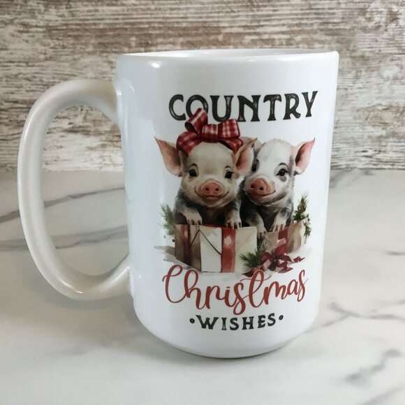 Pig Country Christmas Wishes Ceramic Mug - 15 oz Coffee Cup - Picture 4 of 6